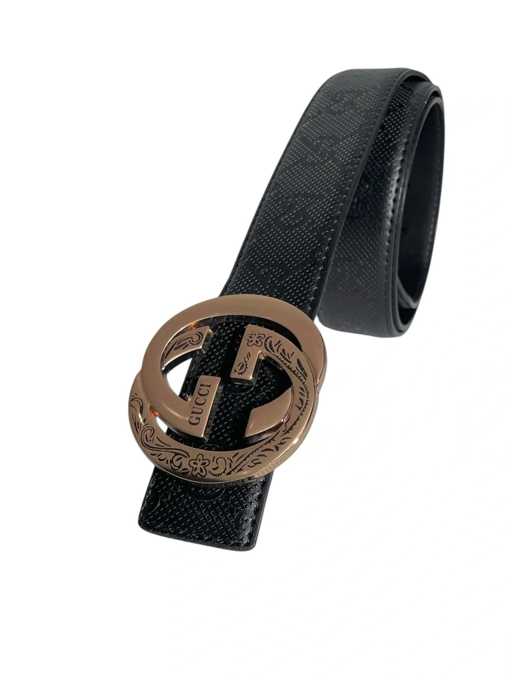 🖤 Men’s Elegant Black Monogram Belt with Gold Buckle 🖤